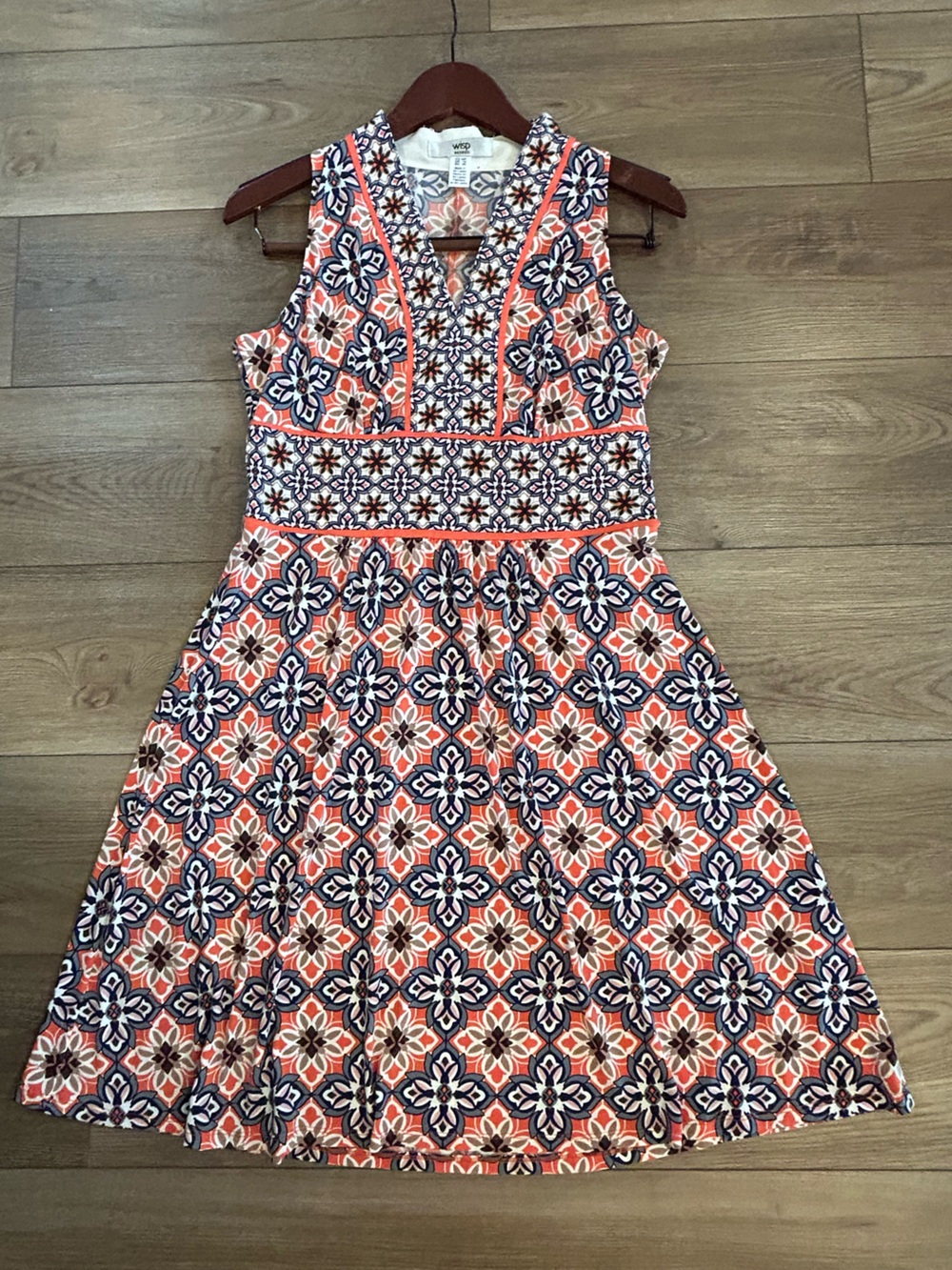 Wisp Petite Sleeveless Fit & Flare Dress Women’s 10P Coral Navy Geometric Floral